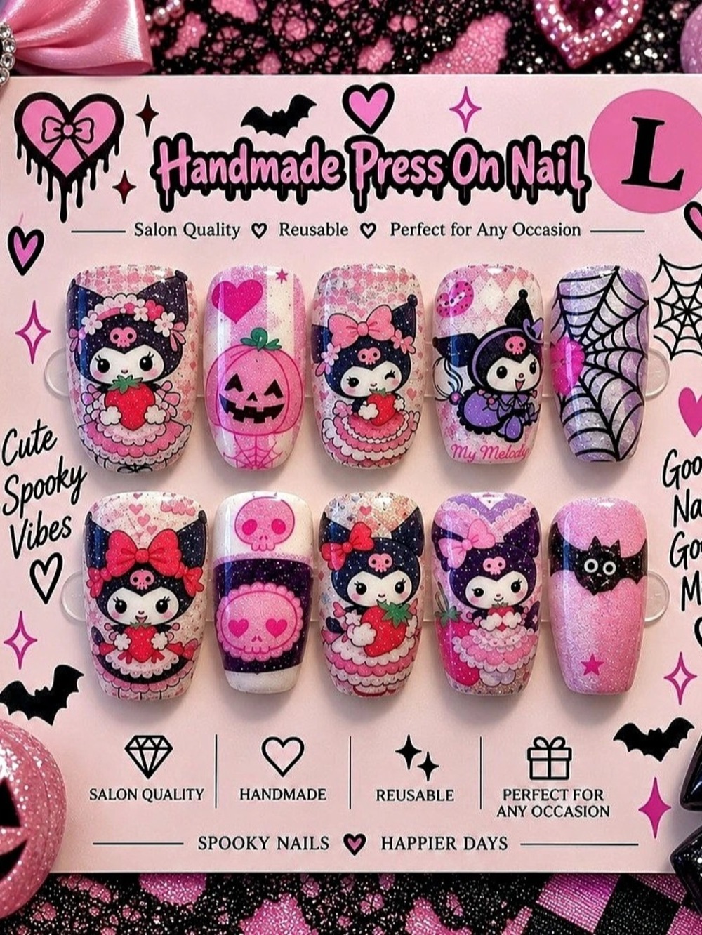 🩷🖤 Cute Spooky Pink Halloween Press-On Nails – Size Large and Medium